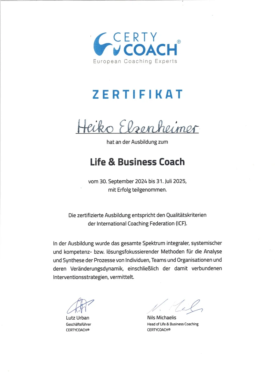 CertyCoach-Zertifikat Life & Business Coach von Heiko Elzenheimer